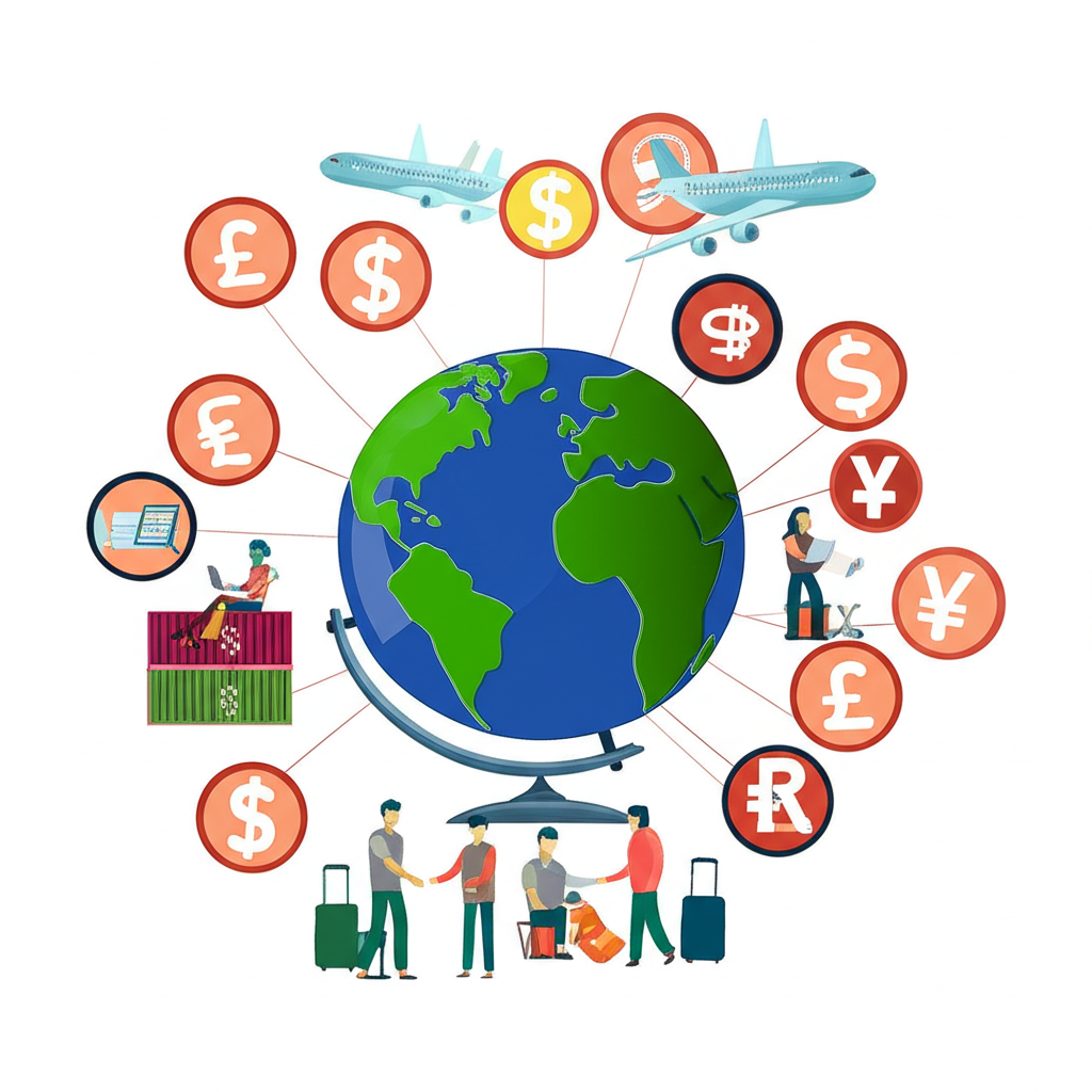 外匯對全球經濟和日常生活的廣泛影響圖示,顯示地球周圍環繞各種貨幣,人們從事國際貿易、旅遊和金融活動