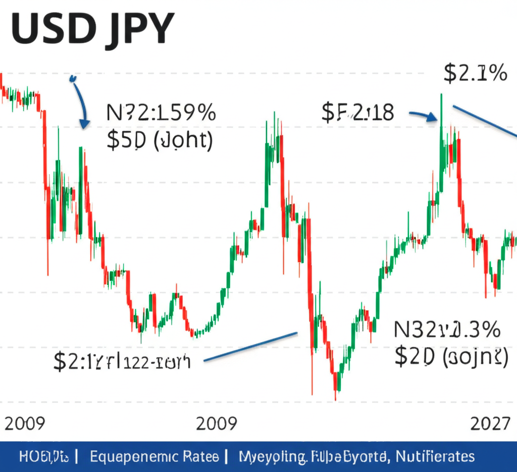美元兌日圓歷史匯率圖表，標註劇烈高峰與低谷，突出特定日期及宏觀經濟轉折