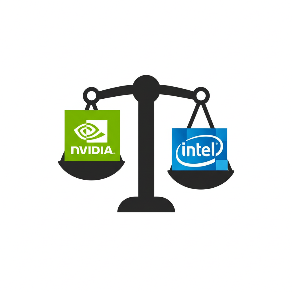 數位天平一側輝達標誌上升、另一側英特爾標誌下降，象徵道瓊最新成分股調整與新投資機會