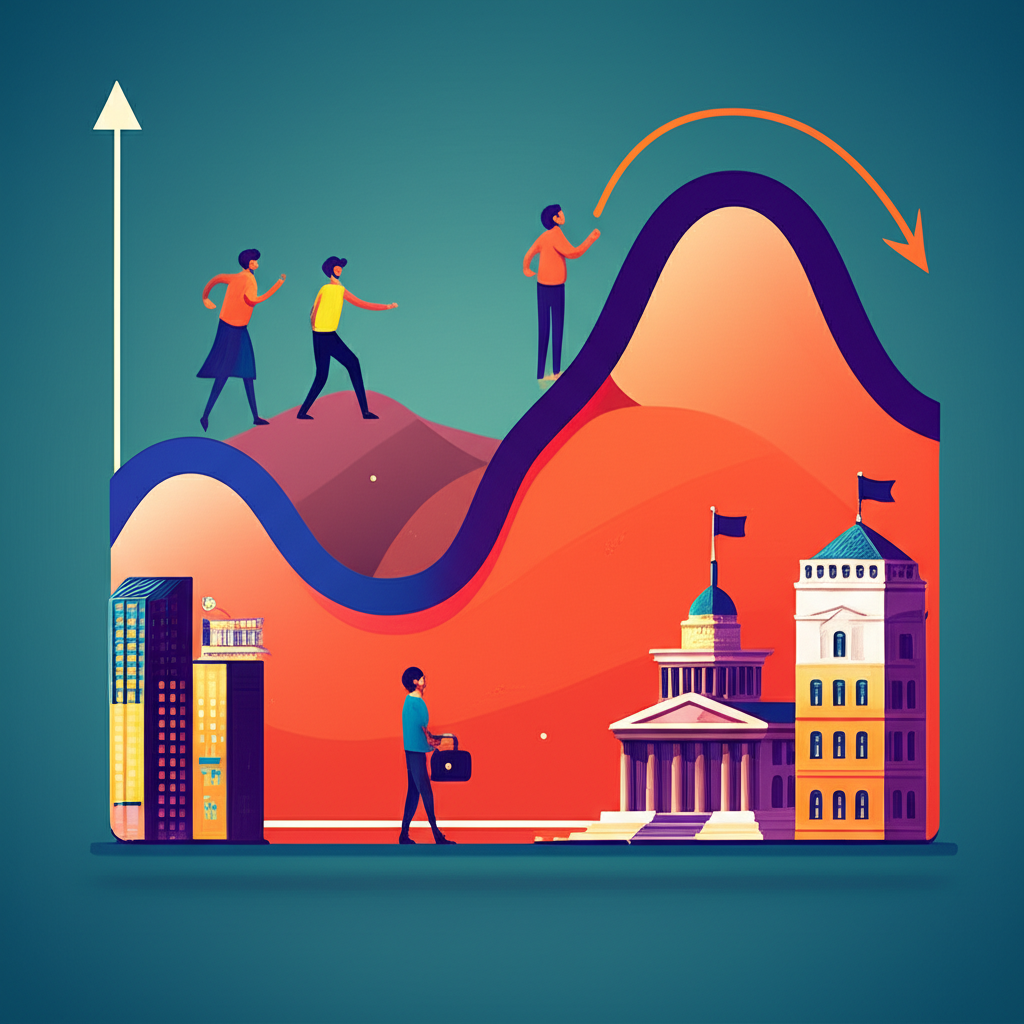 經濟週期波動圖示,顯示擴張與收縮循環及其對個人、企業和政府的影響