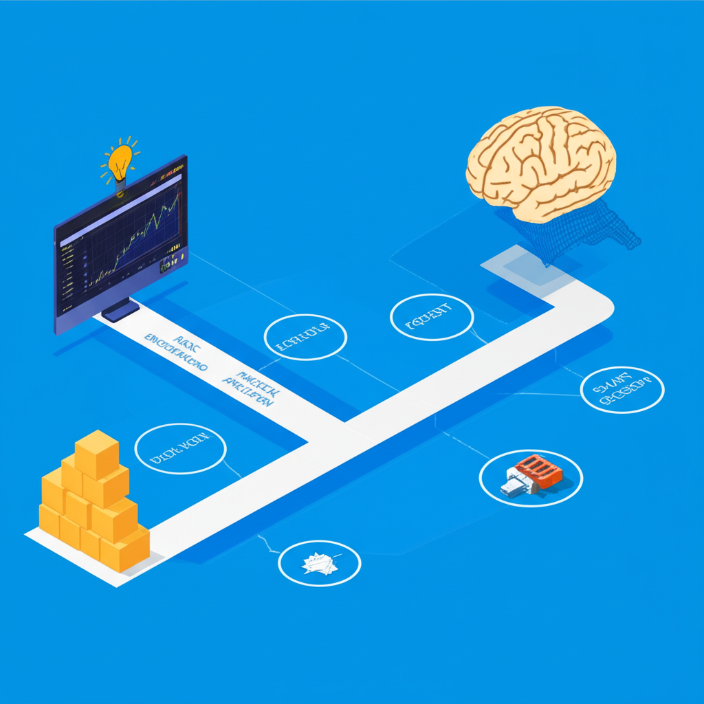 從基本理解到實際應用外匯保證金的旅程插圖，路徑通往MetaTrader 5介面，並顯示大腦思考智慧決策