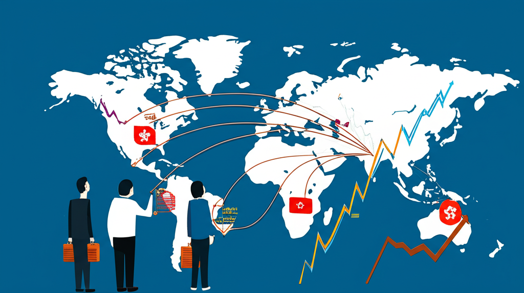 全球市場互聯圖示，透過圖表和箭頭顯示對台灣與香港股市的影響，投資人理解國際趨勢