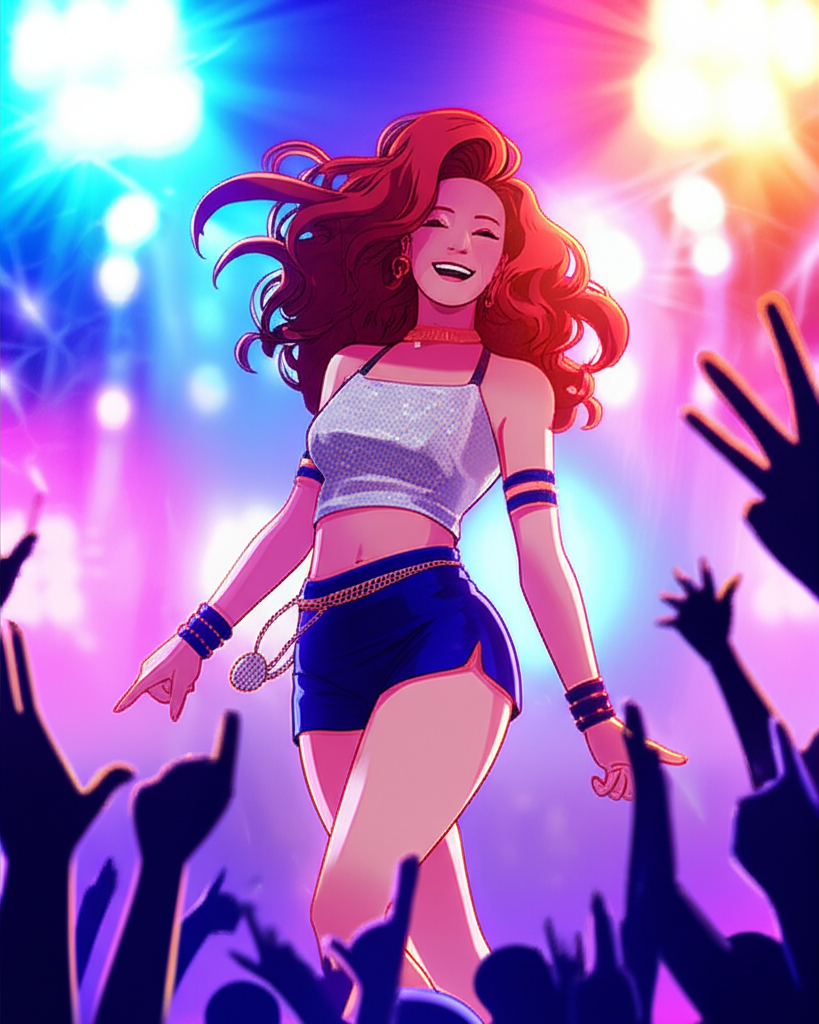 illustration of a dynamic female Kpop idol with a bright energetic smile on a stage surrounded by vibrant lights and cheering fans symbolizing her journey from trainee to a multifaceted star in an illustration style