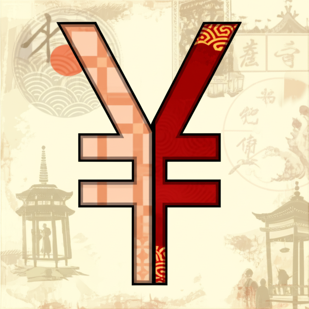 ¥ 符號雙重身份的歷史神秘插圖，融合日本日圓與中國人民幣元素