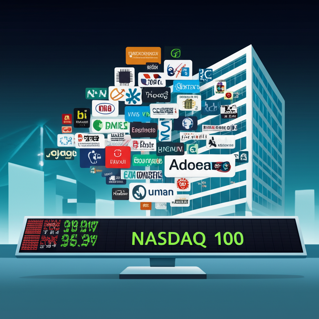 那斯達克建築圖像,周圍飛出100個公司標誌,代表科技、零售與生物科技等非金融領域,伴隨股票行情顯示NASDAQ 100指數