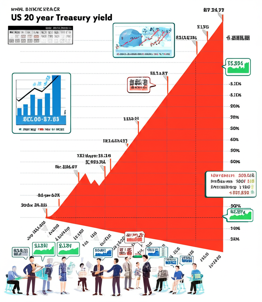 全球金融市場中美國20年期公債殖利率波動圖表，周圍有台灣和香港投資者專注查看數據與策略