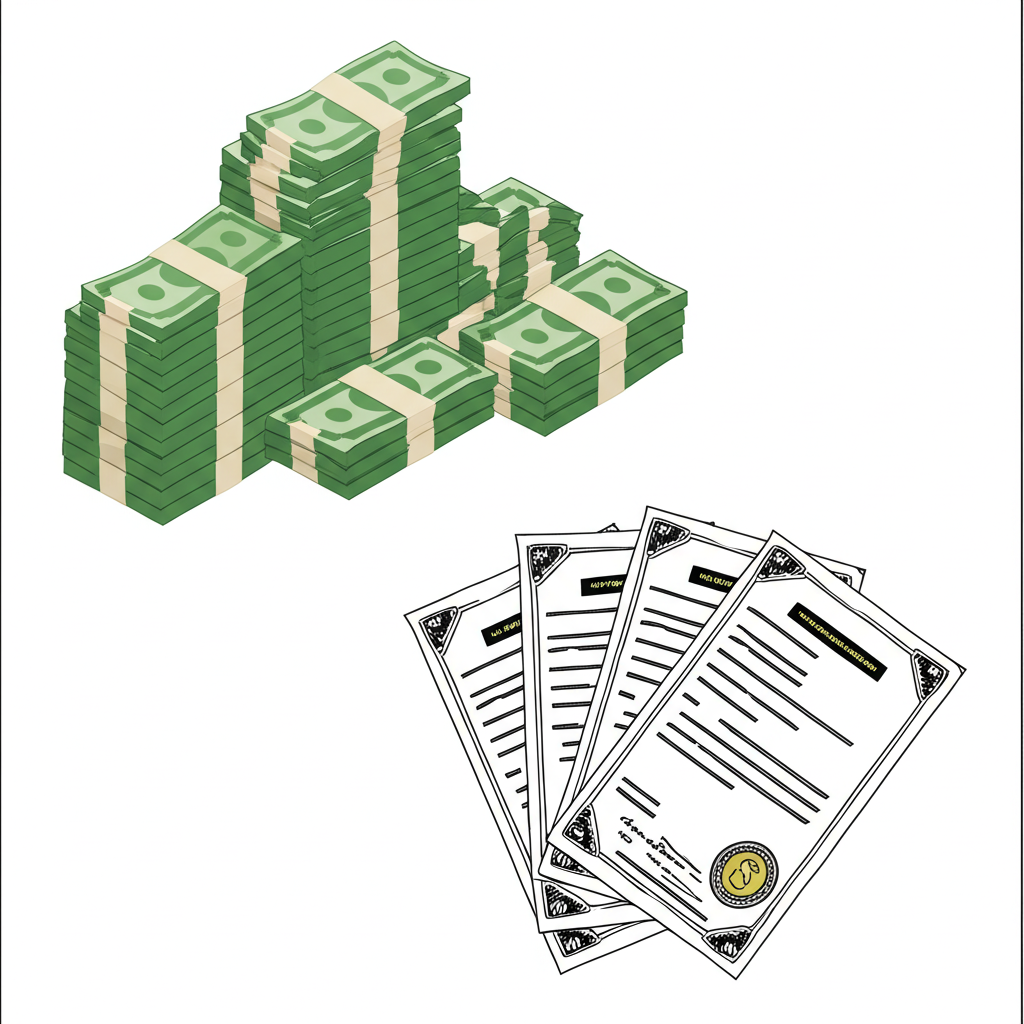 兩堆不同物品,一堆現金一堆股票證書,代表現金股利與股票股利的差異