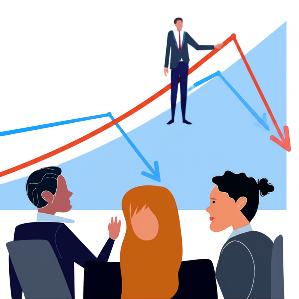財務顧問向投資人解說大盤趨勢圖示意圖,展示上漲與下跌趨勢