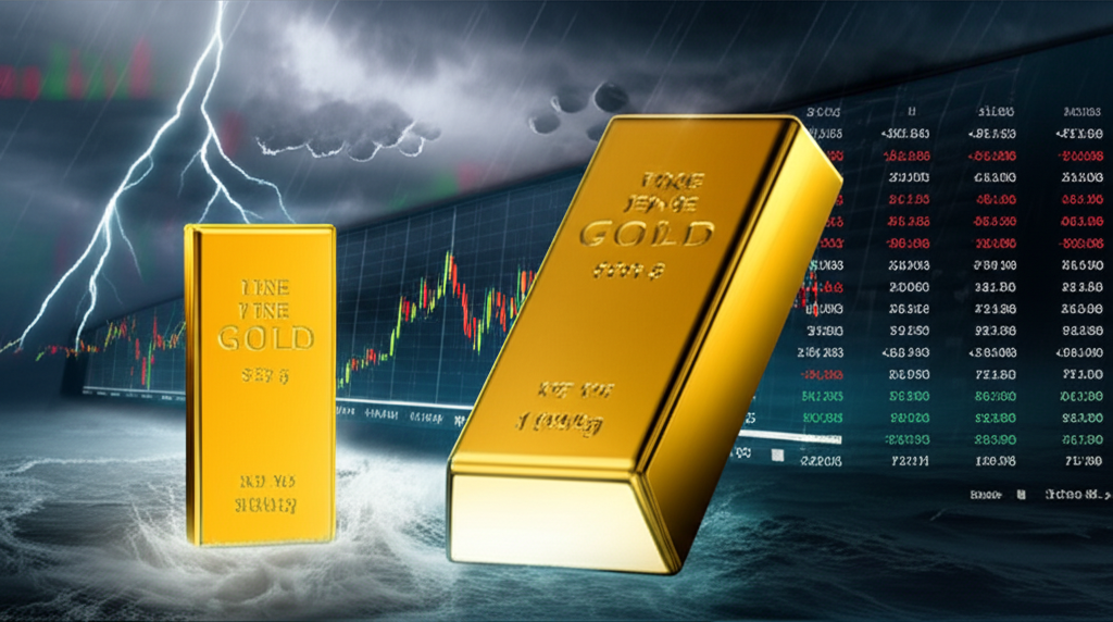 金條在經濟風暴中屹立不搖，時間線顯示金融危機與疫情期間金價飆升，數位螢幕呈現即時報價與K線圖，象徵其作為終極貨幣的角色