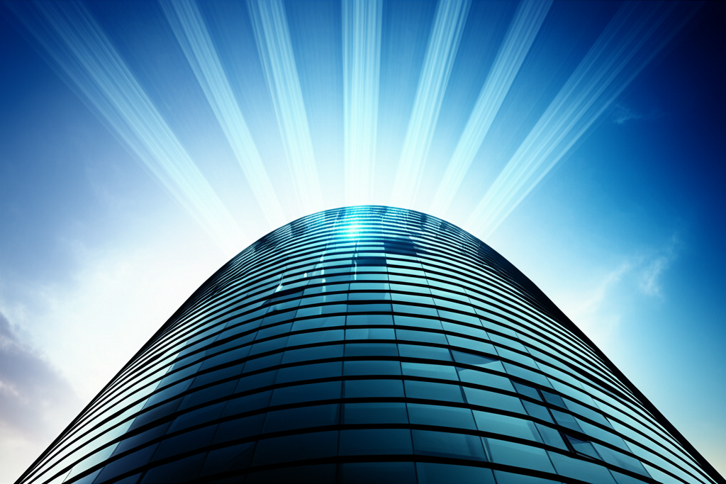 公司大樓直衝雲霄，周圍環繞發光線條象徵高成長潛力，樂觀的插圖