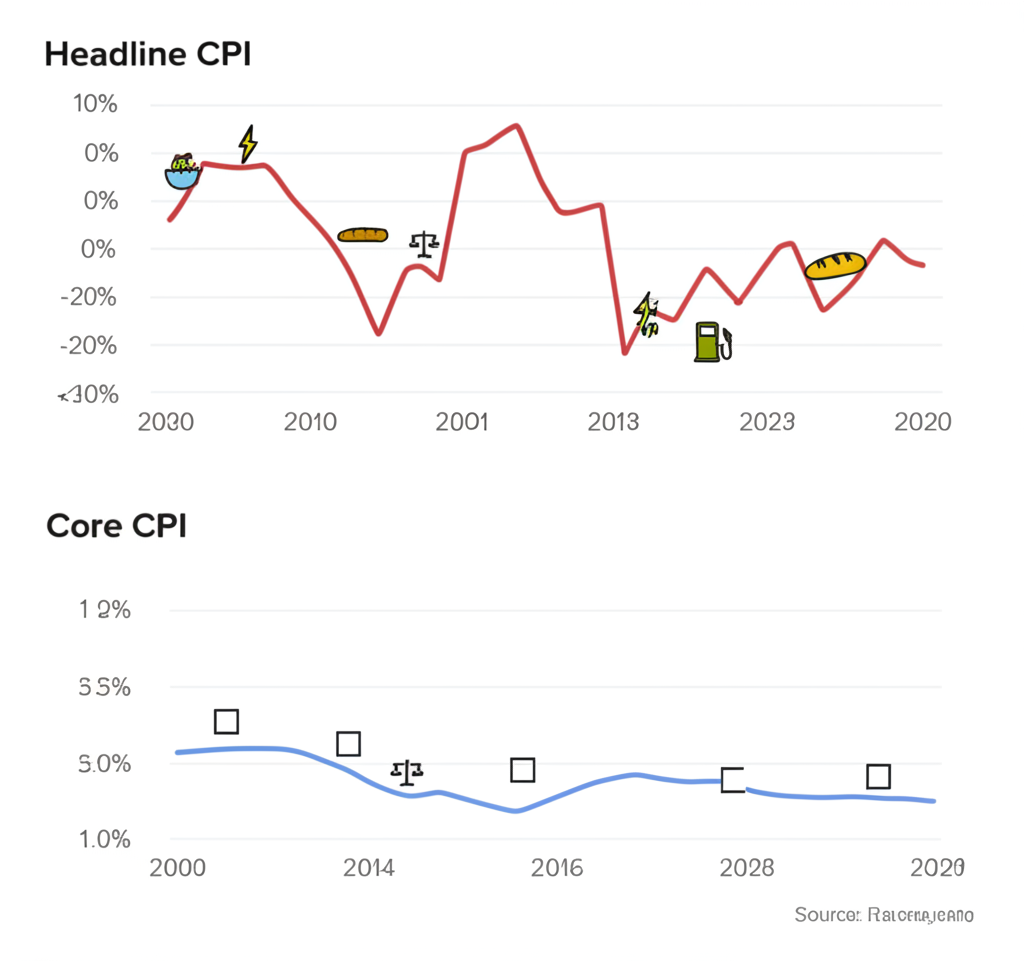 兩個圖表:總體CPI波動線附食品能源圖標,核心CPI平穩線附穩定圖標