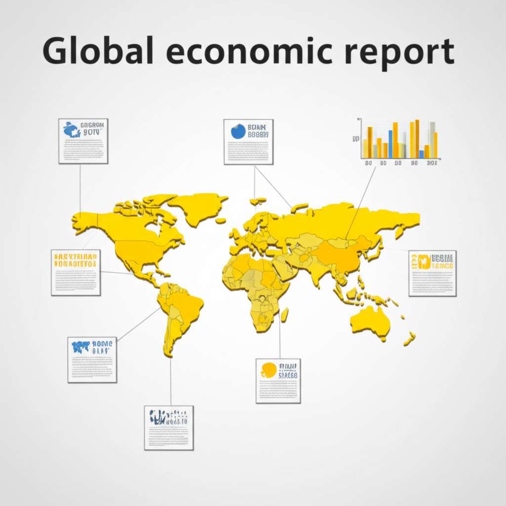 An illustration of a global economic report with charts and a world map showing countries' gold reserve data for 2024 symbolizing ongoing monitoring and strategic asset diversification illustration style