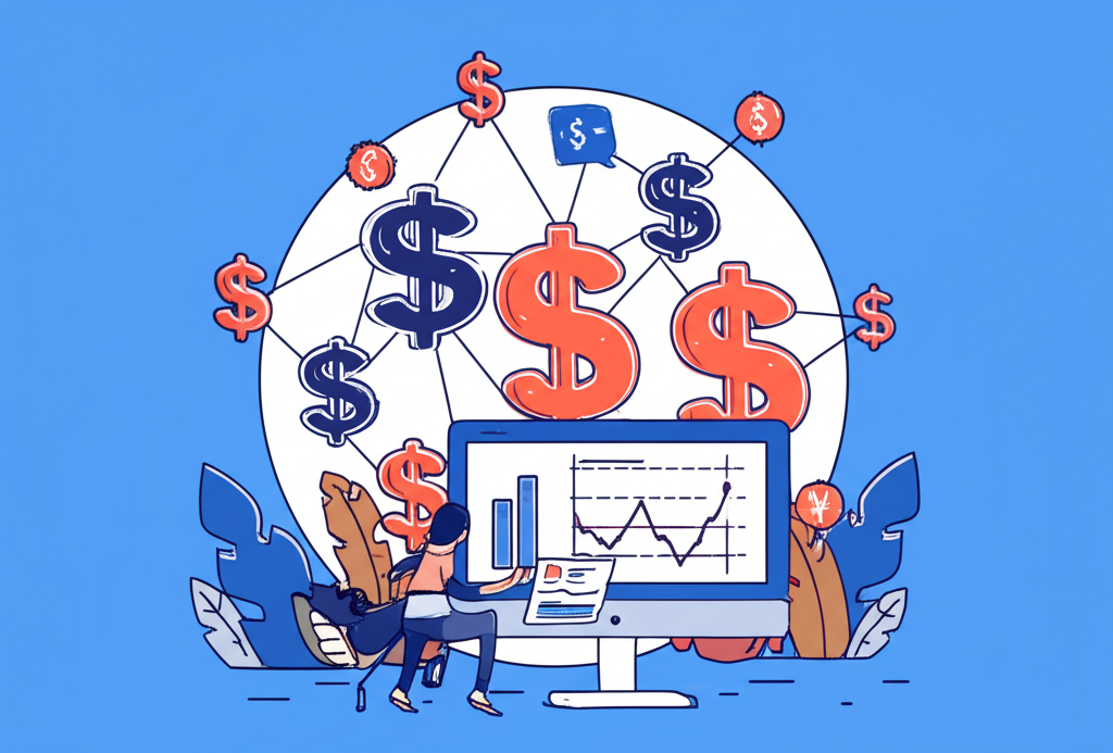 全球貨幣網絡插圖,美元與台幣交織象徵國際貿易金融與日常匯兌,一人觀察長期趨勢圖表代表穩健財務策略