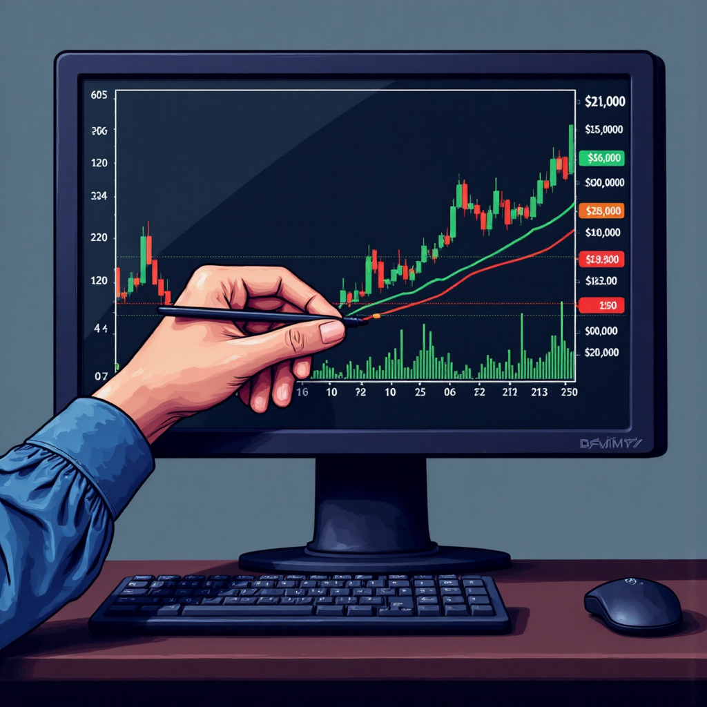 交易者手繪上升趨勢線的數位圖表，標示支撐與阻力位，藍綠色調的向量藝術