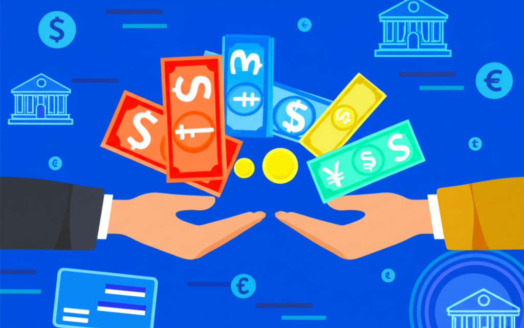 不同國家貨幣兌換的圖示,雙手交換鈔票和硬幣,背景有數位符號代表外幣資產如銀行轉帳和旅行支票