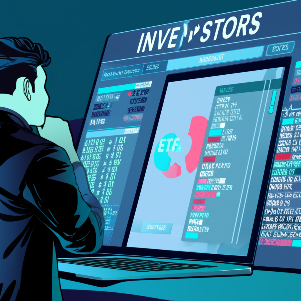 投資者仔細檢視債券ETF投資組合的插圖,強調穩定收入與資產配置,在平靜的金融市場背景中