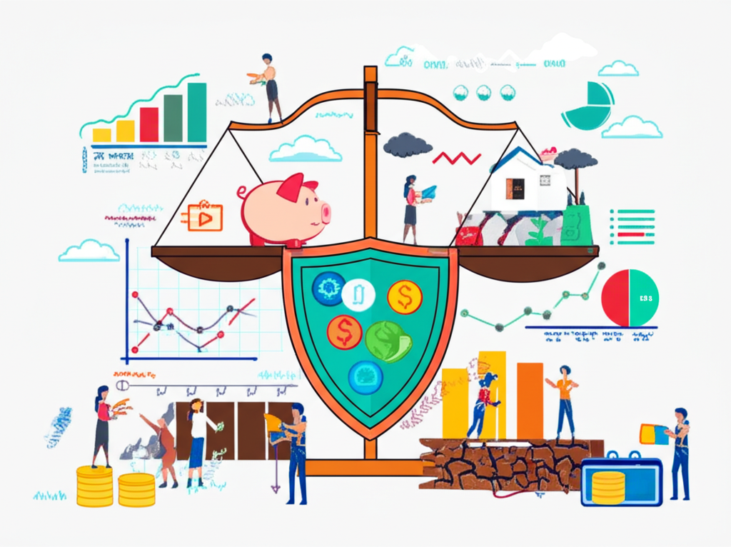 An illustration depicting a complex financial landscape with individuals and businesses navigating credit challenges a balance scale showing financial stability and risk a shield protecting assets from economic storms
