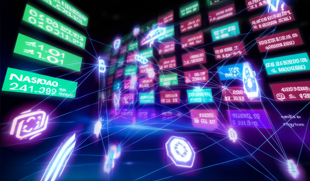 未來數位股票交易所插圖，展示全球創新科技公司標誌與那斯達克作為科技健康指標