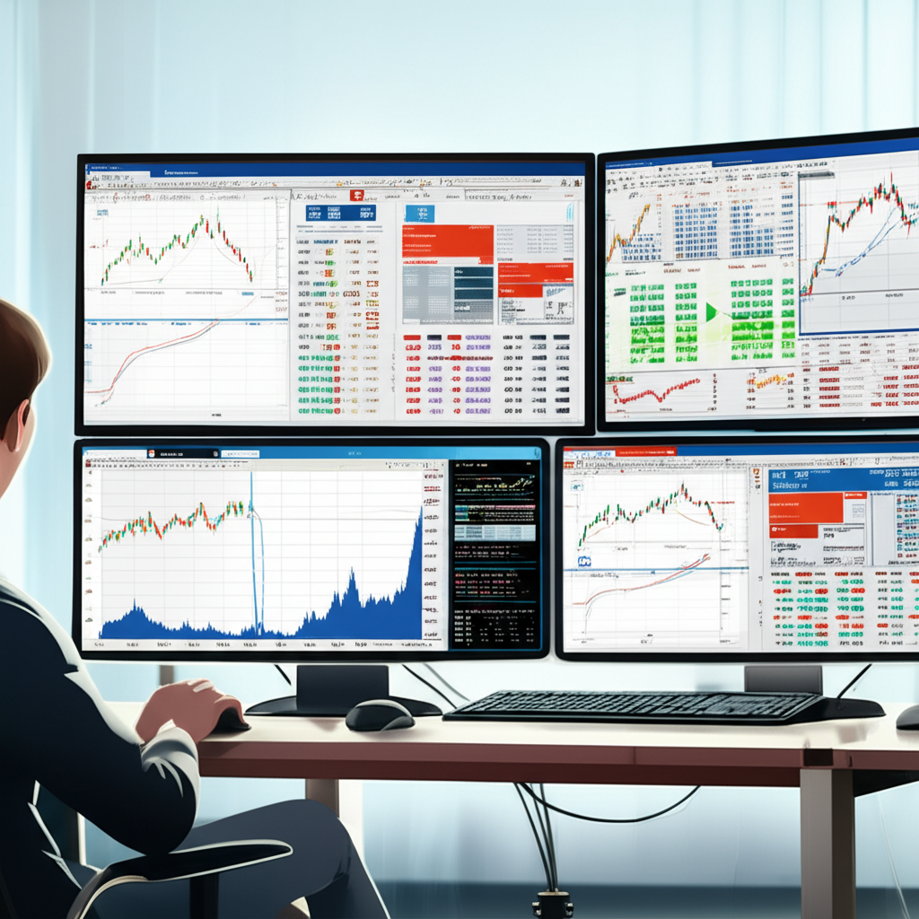 投資者監測 US10Y 即時數據圖，顯示現代辦公室中的多螢幕金融圖表