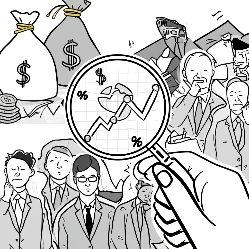 手持放大鏡檢視波動匯率圖表背景顯示台灣經濟指標貨幣袋與商務人士表情