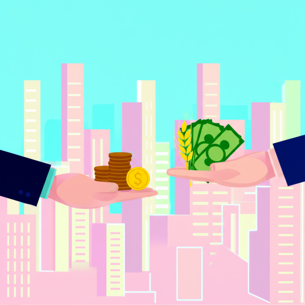 現貨交易視覺表示,買賣雙方即時交換資產如貨幣和商品,象徵立即交割和實際所有權的圖示風格