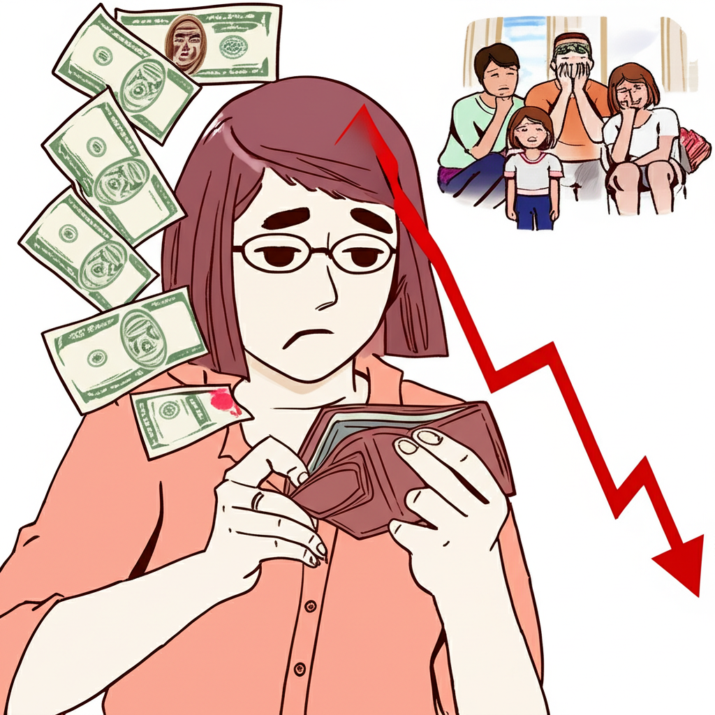 個人空錢包與帳單飛散圖像,家庭醫療費用負擔,企業圖表向下趨勢