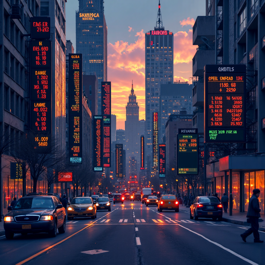 早晨城市燈光中閃爍的股票行情畫面，象徵美股盤前交易的活躍氛圍