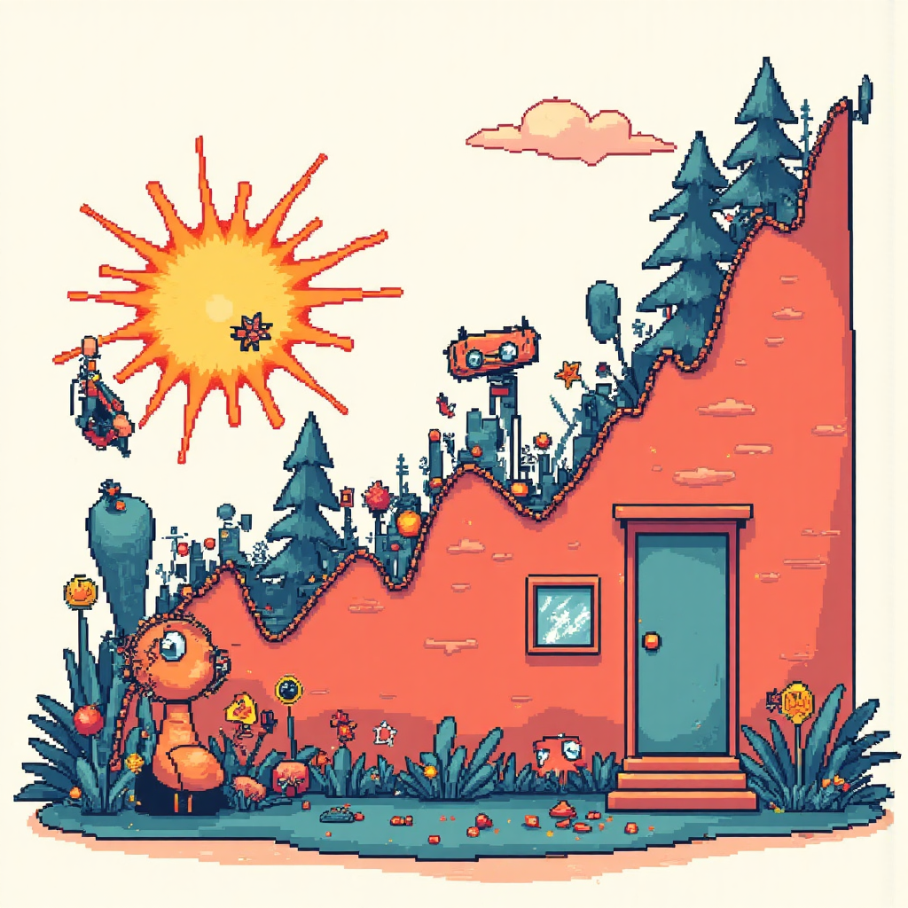 市場轉折點的奇幻插圖，顯示雙頂與頭肩形態的價格反轉，鮮豔對比色調