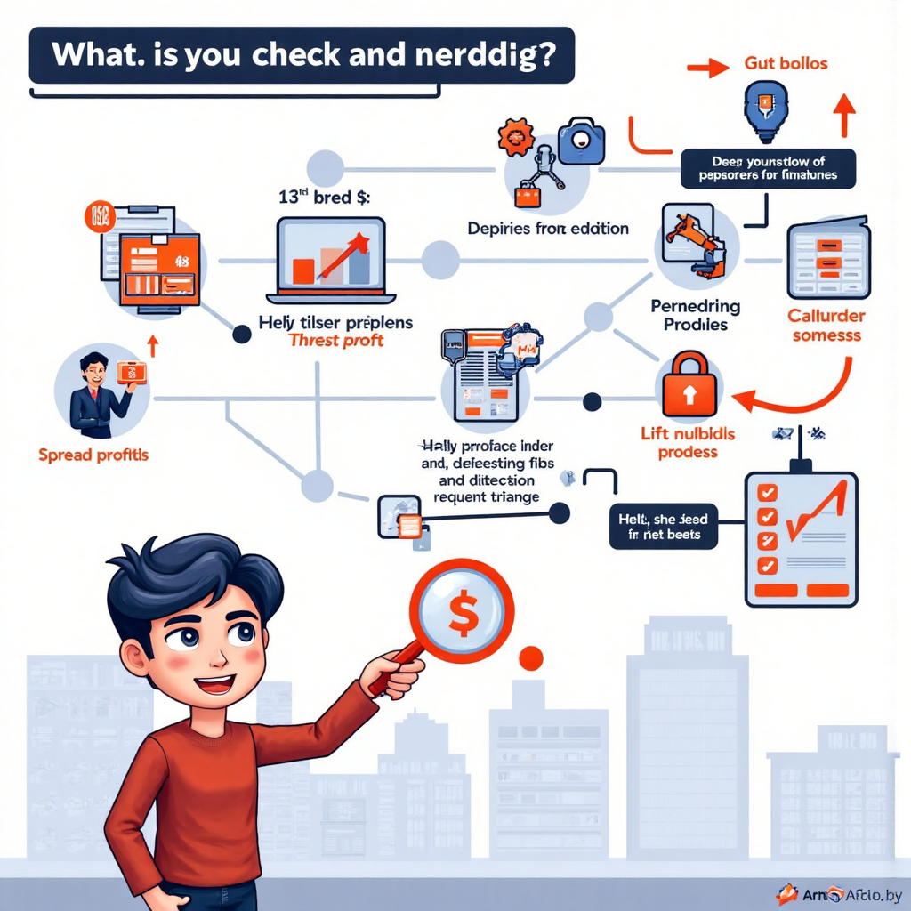 價差交易工作流程資訊圖，顯示互聯節點與箭頭，角色用放大鏡觀察獲利潛力，背景為財務數據流