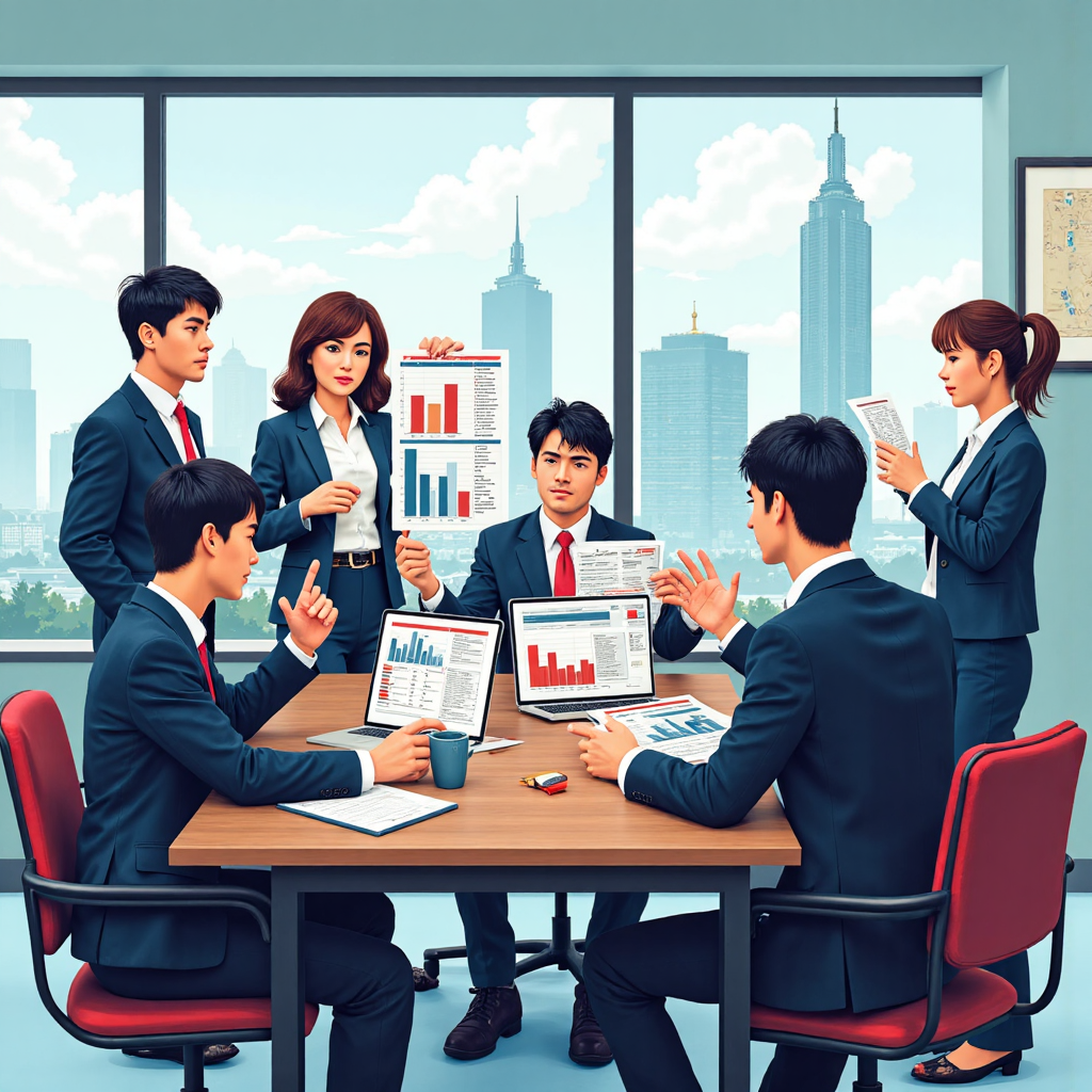 台灣商業專業人士腦storm像素藝術插圖，圍繞會議桌分析投資圖表，背景台北101