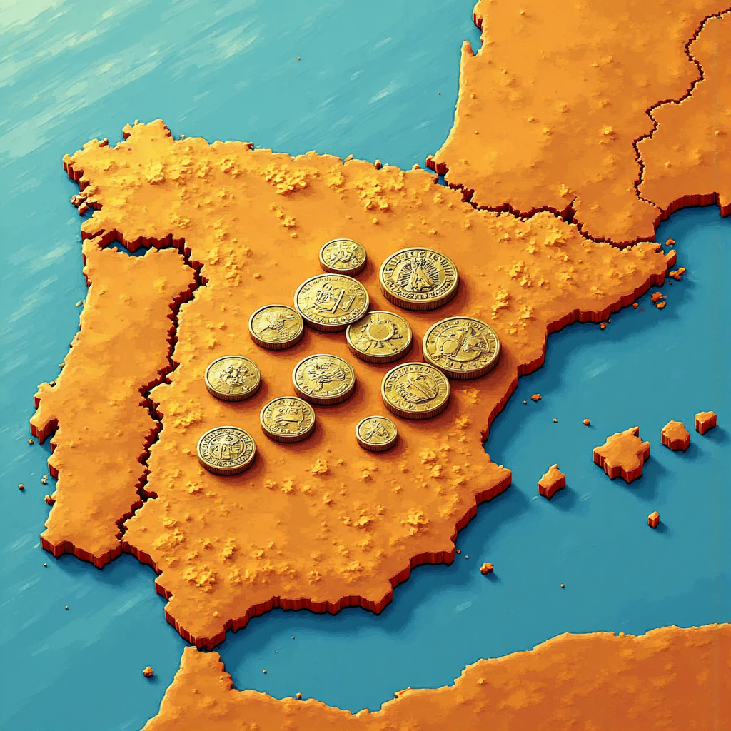 舊西班牙比塞塔硬幣與現代歐元硬幣散落在西班牙地圖上的像素藝術插圖,帶有溫暖金色光芒