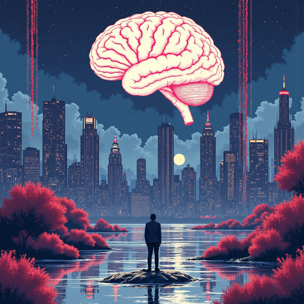 AI 大腦龐大龜裂於財務報告壓力下的超現實景觀像素藝術，象徵市場崩潰