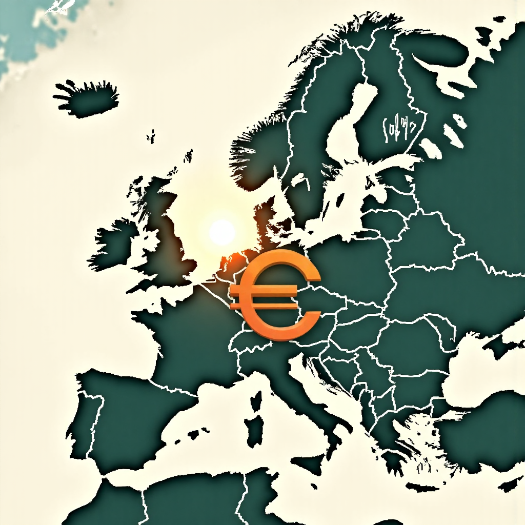 歐元符號與歐洲路線圖交織,突出西班牙的像素藝術插圖,柔和自然光線