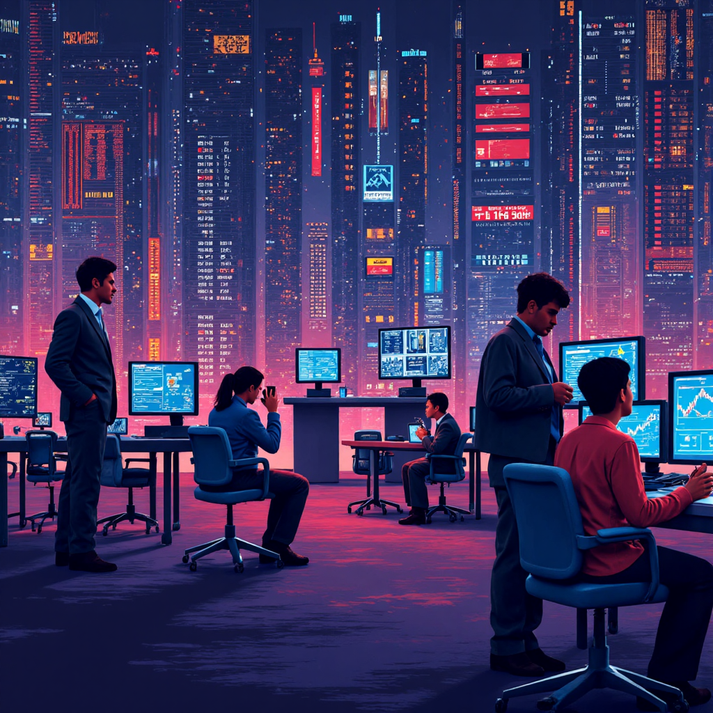 交易者與數位介面互動的動感畫面，展示美股盤前交易的波動股價與圖表