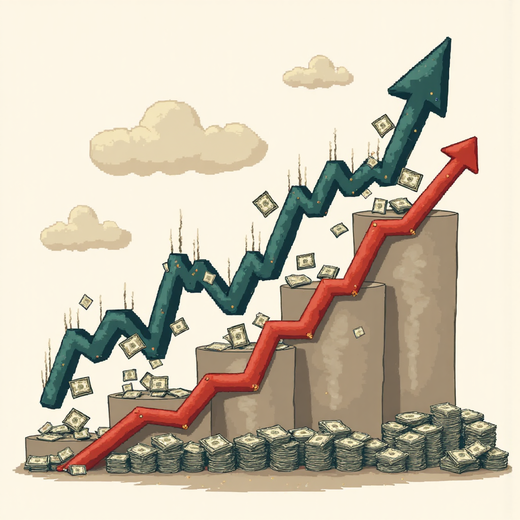 升息壓力壓垮脆弱股市圖表的像素藝術象徵圖，環繞著全球經濟不確定性的氛圍