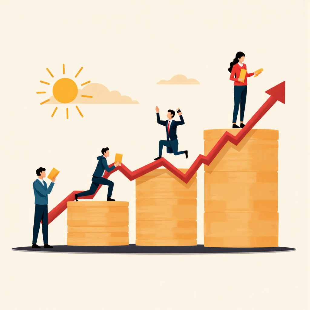 金融市場上漲趨勢圖示，帶有金色點綴的像素藝術風格，營造樂觀氛圍