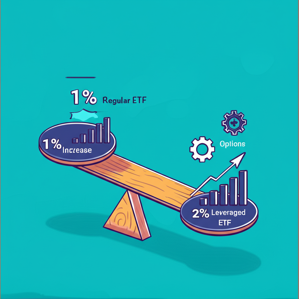 槓桿型ETF與一般ETF漲幅比較天平圖，一側1%漲幅，另一側2%漲幅，周圍浮動期貨與選擇權符號
