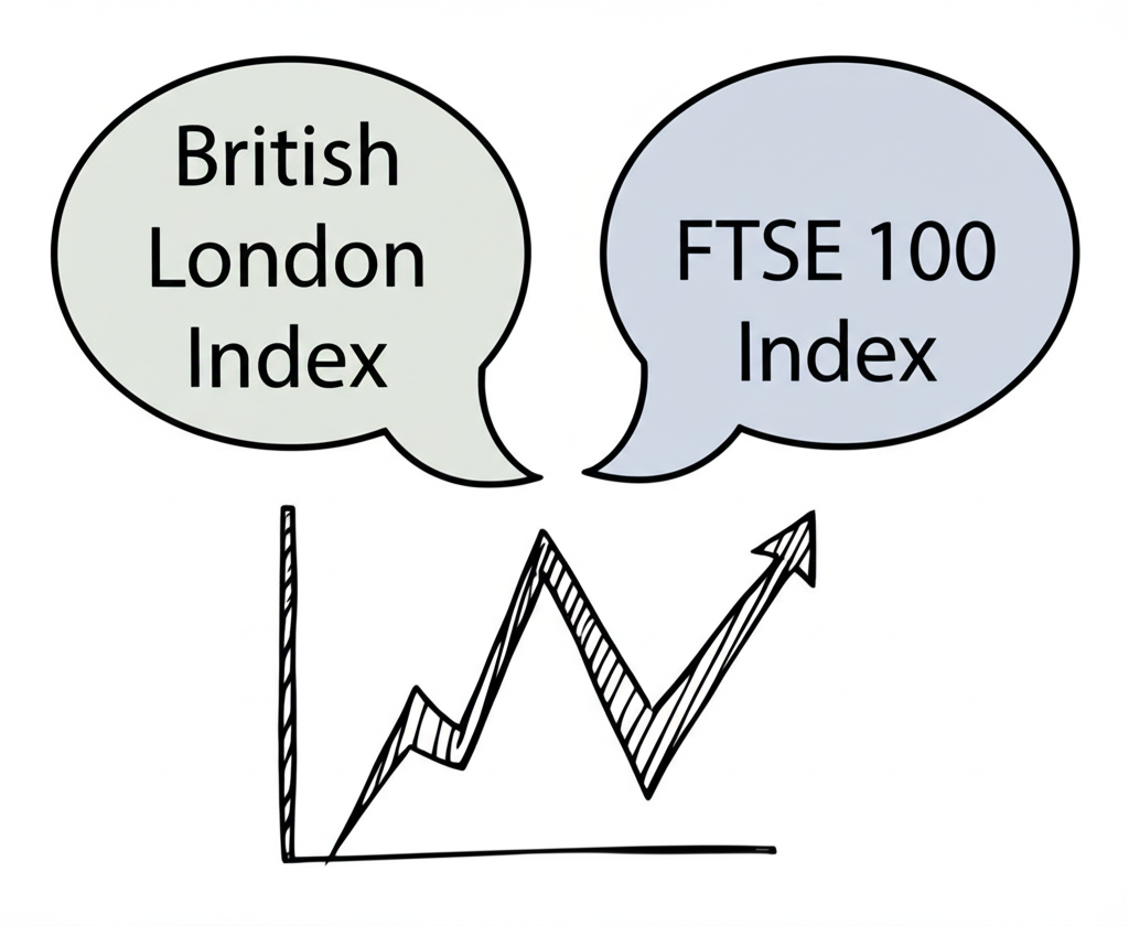 兩個重疊的思想泡泡，分別標示英國倫敦指數與富時100指數，合併成中央股票圖表，代表倫敦證交所