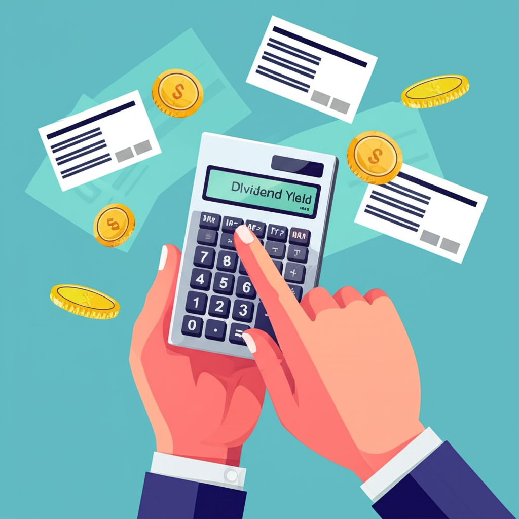 手持計算機顯示殖利率百分比，周圍浮動著硬幣和股票證書，代表現金股利與投資回報