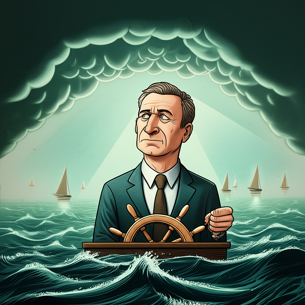 投資者在波動市場中保護投資組合並尋找機會的插圖,描繪一位智慧成熟的投資者在風險規避時期從容應對