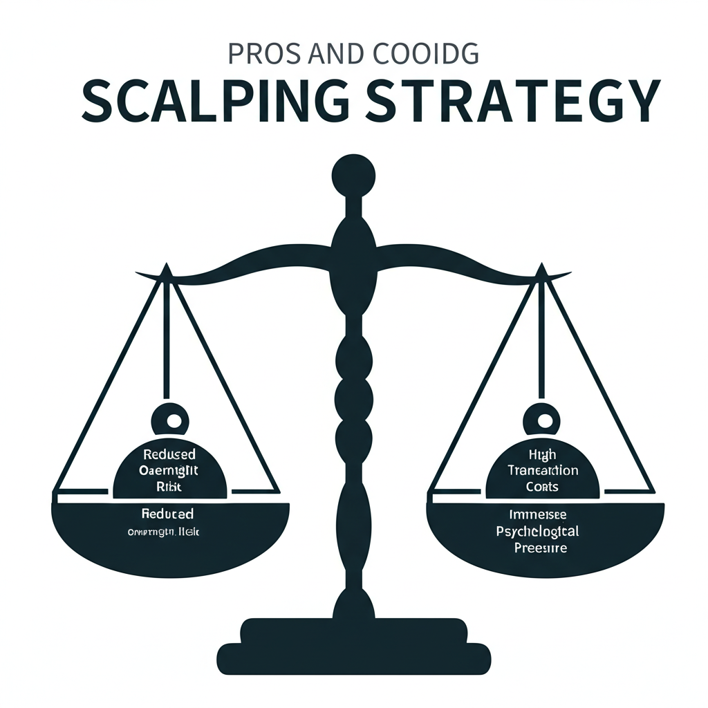 剝頭皮策略優缺點對比的平衡天平插圖，顯示減少隔夜風險等優勢與高交易成本等劣勢