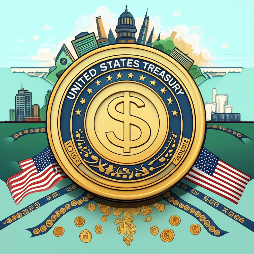 美債作為全球金融體系核心的插圖，象徵資金流動的安全與穩定，背景顯示多元經濟景觀