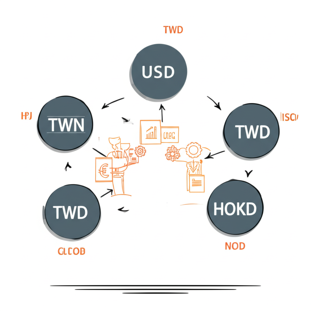 財務分析師展示影響美元日元匯率六大因素的複雜圖表,箭頭連結至台幣和港幣,象徵策略決策過程