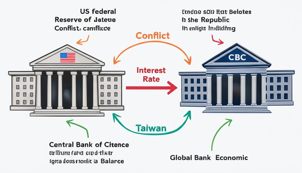 兩座中央銀行建築插圖,一為美國聯準會一為台灣央行,箭頭顯示利率差異導致的資金流動,包含全球經濟因素如衝突與貿易平衡