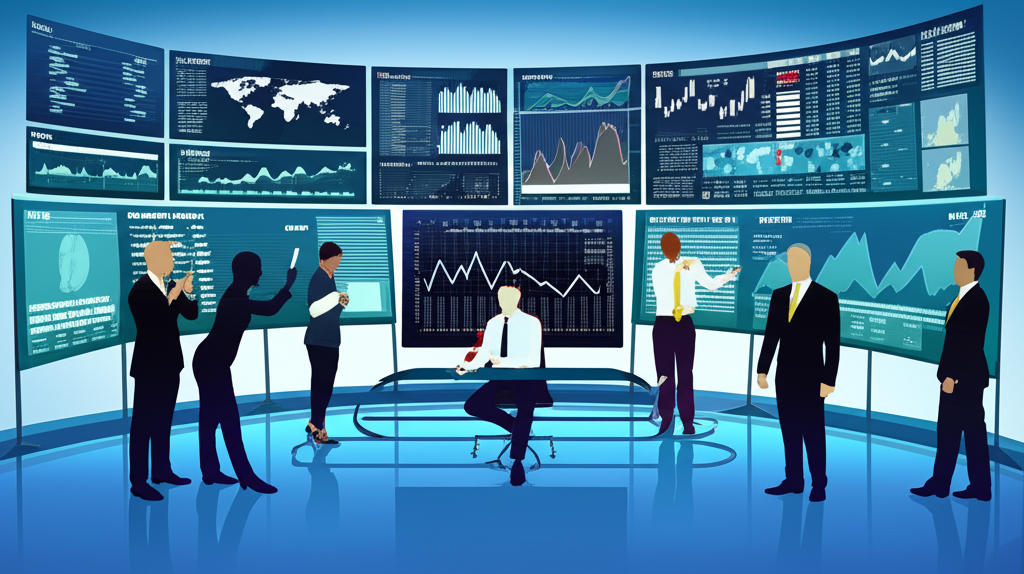 外匯分析師在現代辦公室中，周圍浮動著顯示全球經濟數據、貨幣對和新聞頭條的螢幕，向多元客戶提供投資建議，展現動態金融市場專業形象