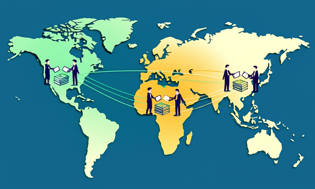 全球地圖突出美國、歐洲和大中華地區，商務人士交換文件與資金，象徵風險管理工具的傳播