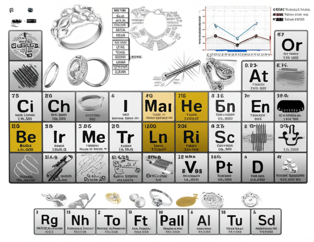 元素週期表中突出黃金、白銀、鉑金與鈀金，周圍環繞珠寶、工業零件與金融圖表，展示其多樣應用與稀有穩定價值