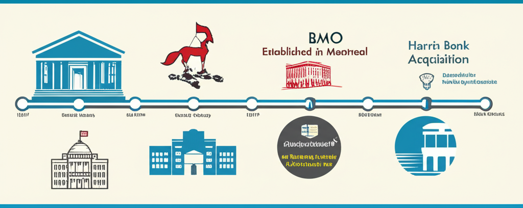 An illustration depicting a timeline showing BMOs establishment in Montreal in 1817 and key milestones like the Harris Bank acquisition representing its historical growth and expansion into the US market