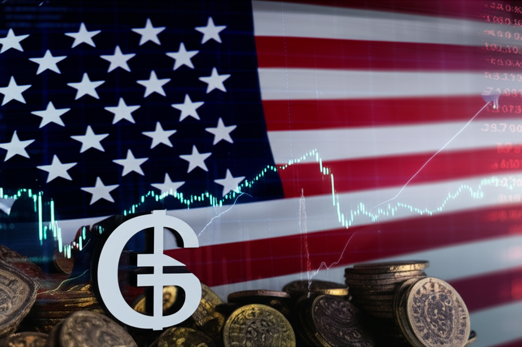 An illustration of a digital stock chart with a US flag background representing US bond ETFs a basket of government bonds and a secure financial symbol in the foreground illustration style
