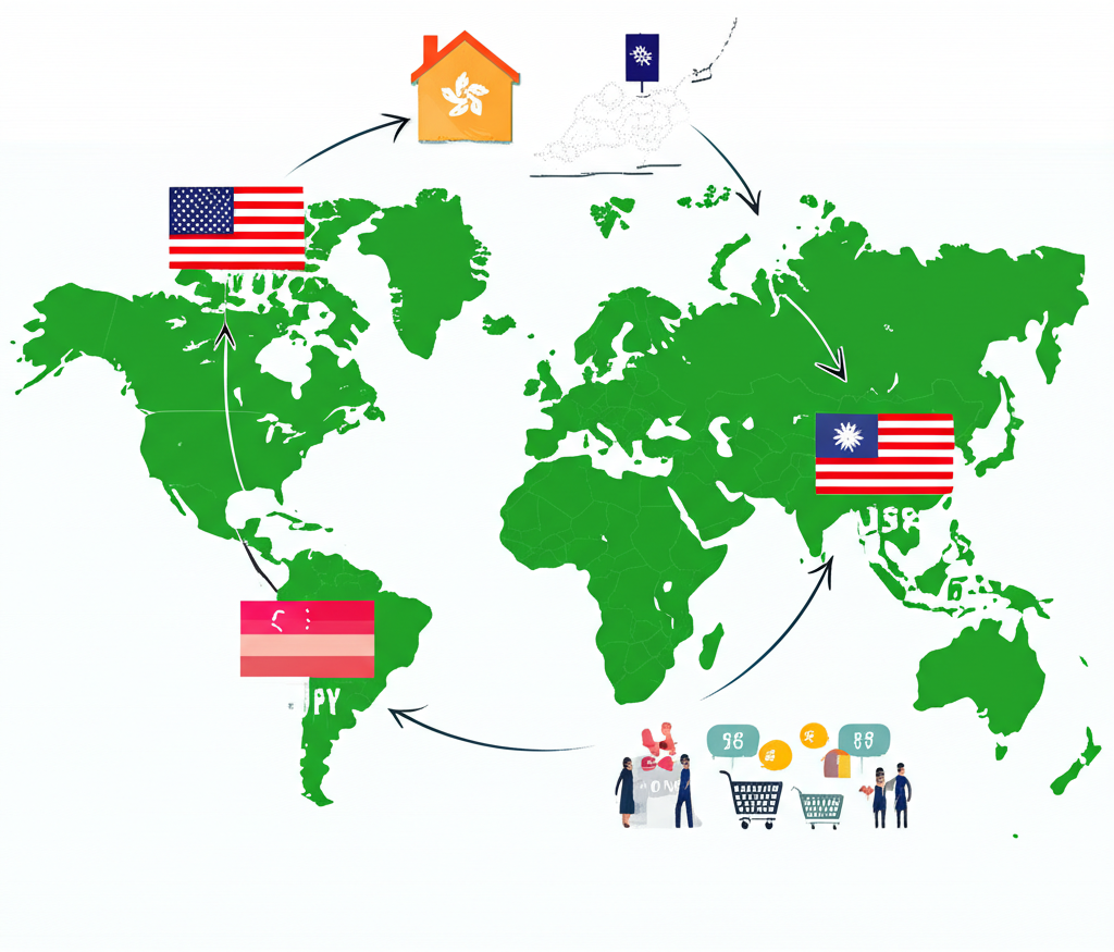 全球地圖突出美國和日本,顯示美元與日元貨幣交換,代表全球貿易投資流動對台灣香港日常生活的影響